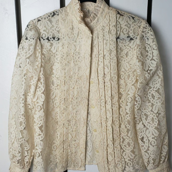 Sheer Lace Ruffled Mock‎ Neck Vintage Pleat Blouse Medium 8 Victorian Steampunk - Picture 1 of 8